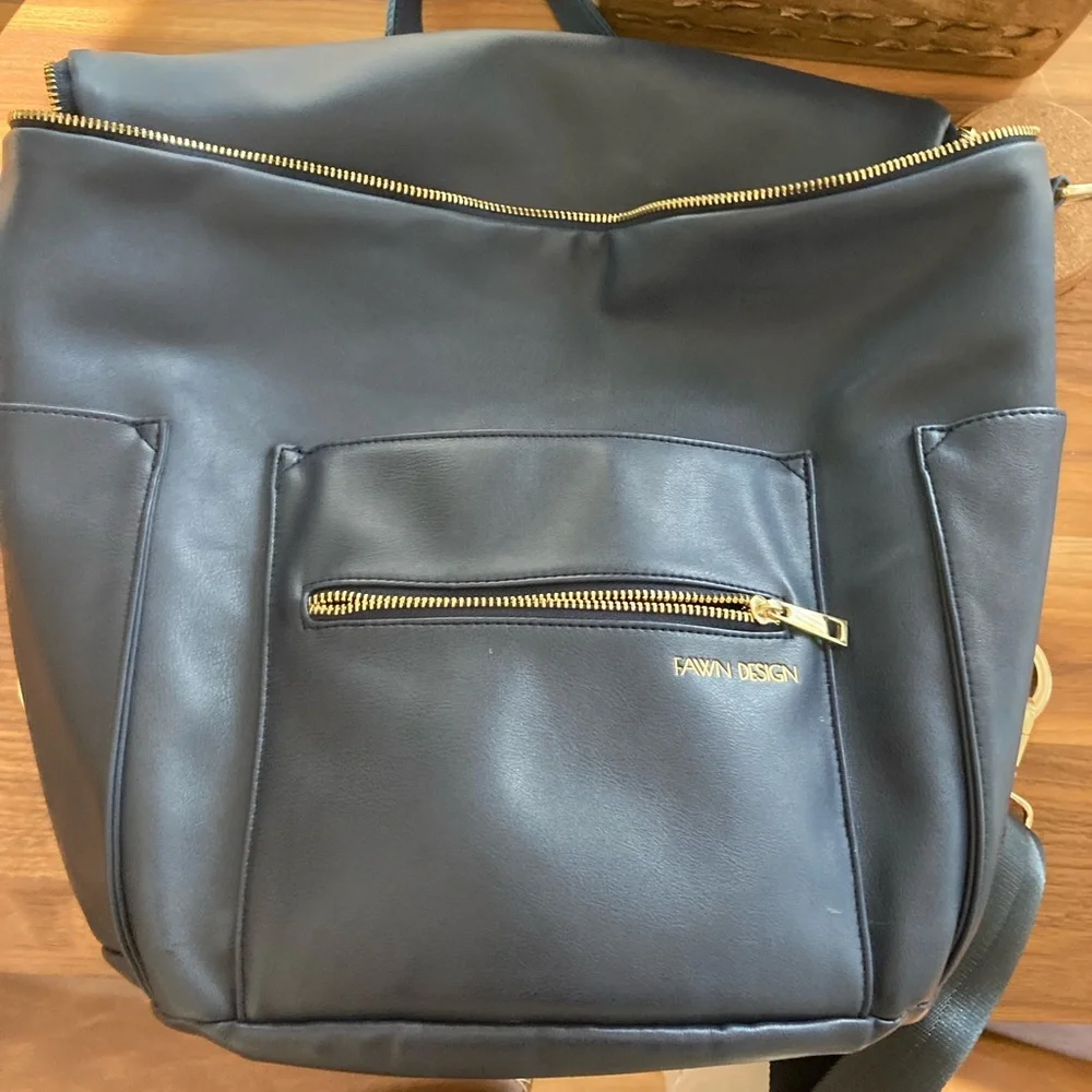 Fawn Design Navy Blue Leather Baby Bag with Gold Hardware